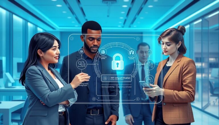 A detailed illustration depicting the "OceanEsim安全驗證流程", showcasing a digital security system. In the foreground, a diverse group of three professionals, one Asian woman, one Black man, and one Caucasian woman, review a glowing holographic interface displaying security verification steps. In the middle, the interface should visualize data flow, with icons representing various digital authentication processes like encryption and user verification. The background features a modern office with sleek design elements, bathed in soft blue lighting that evokes a sense of security and innovation. The overall atmosphere is collaborative and futuristic, suggesting a focus on safety and compliance in digital verification. The scene is captured with a slight tilt-angle perspective to emphasize the dynamic nature of technology.