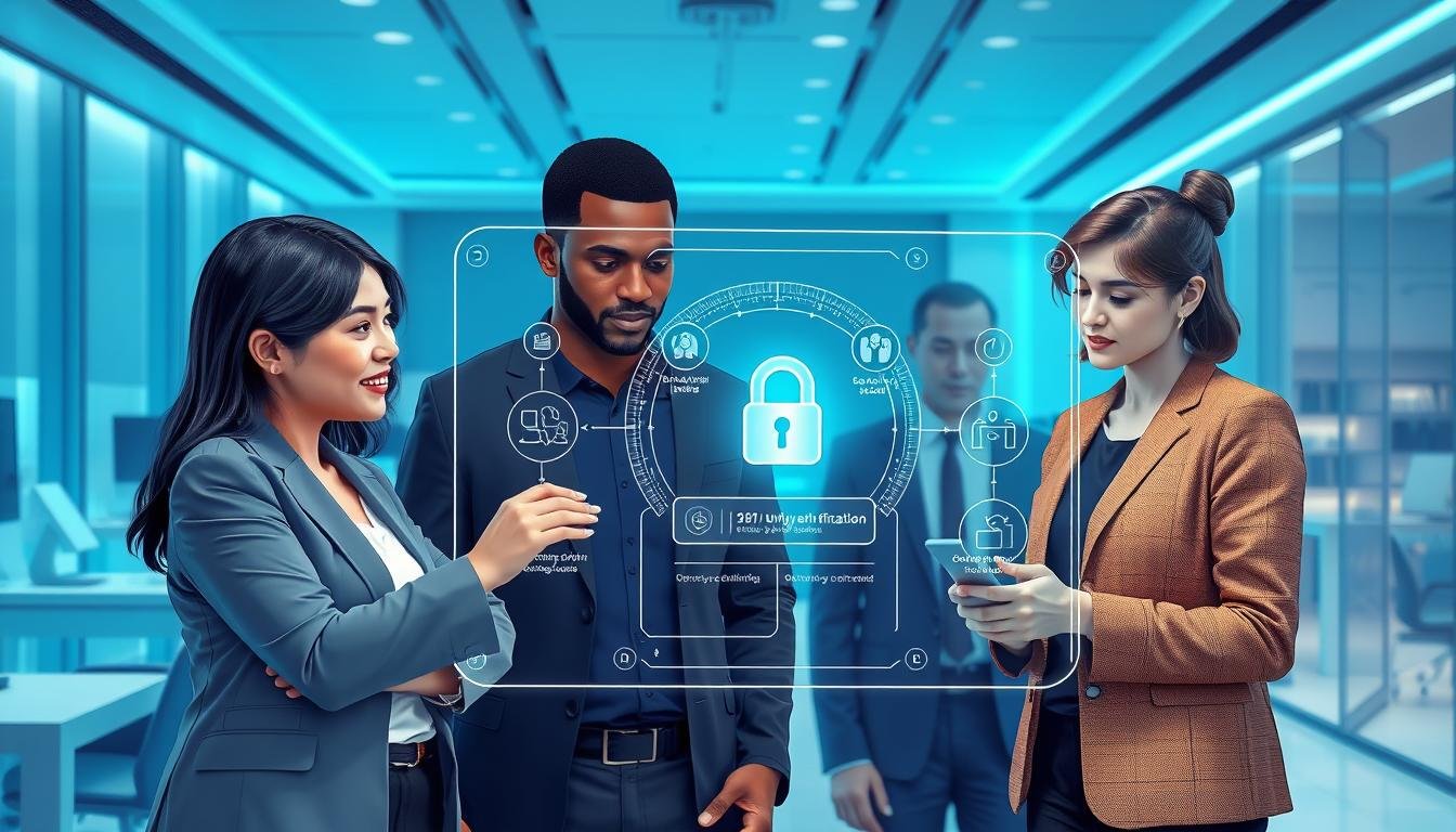 A detailed illustration depicting the "OceanEsim安全驗證流程", showcasing a digital security system. In the foreground, a diverse group of three professionals, one Asian woman, one Black man, and one Caucasian woman, review a glowing holographic interface displaying security verification steps. In the middle, the interface should visualize data flow, with icons representing various digital authentication processes like encryption and user verification. The background features a modern office with sleek design elements, bathed in soft blue lighting that evokes a sense of security and innovation. The overall atmosphere is collaborative and futuristic, suggesting a focus on safety and compliance in digital verification. The scene is captured with a slight tilt-angle perspective to emphasize the dynamic nature of technology.