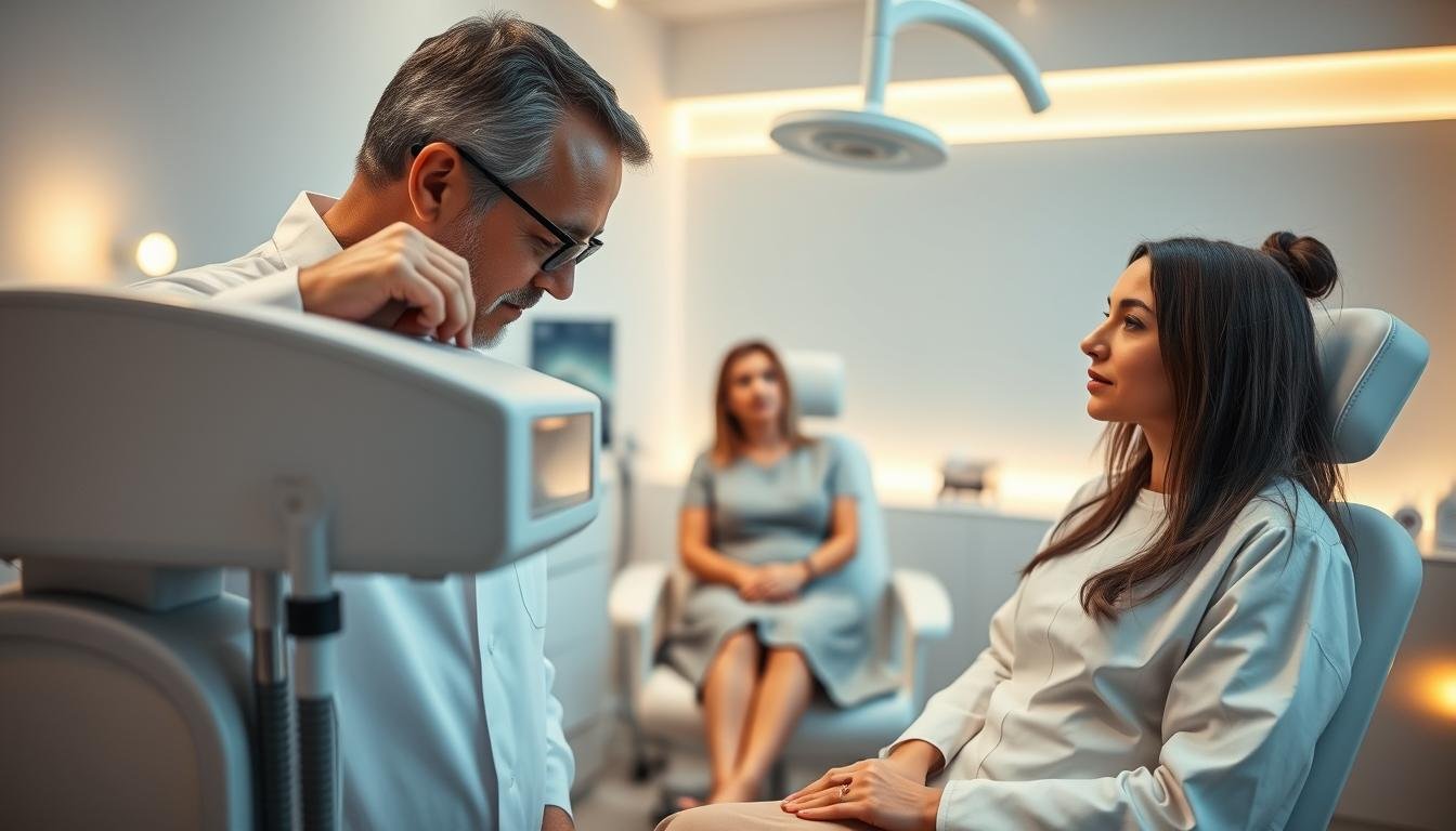A serene and professional clinic environment showcasing a CO2 laser procedure for wart removal. In the foreground, a skilled practitioner in a white lab coat is focusing intently on the state-of-the-art CO2 laser device, with precise adjustments being made. In the middle ground, an attentive patient sits comfortably in a clinical chair, displaying a relaxed expression, wearing a modest gown; the practitioner is explaining the process with a gentle demeanor. The background features clean, modern medical equipment and a softly illuminated treatment room with warm, ambient lighting, creating a calm and reassuring atmosphere. The overall mood conveys professionalism, safety, and effectiveness in cosmetic dermatology, highlighting the advantages of CO2 laser treatment.