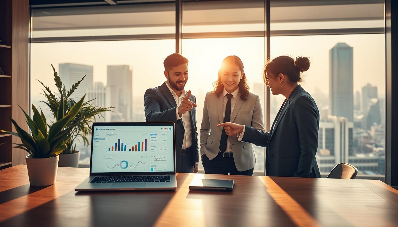 A visually engaging representation of the concept of "line lap" and "lap廣告" in a professional context. In the foreground, depict a modern office space with a sleek wooden desk, a laptop displaying a digital marketing dashboard, and a vibrant potted plant. The middle ground should include a group of diverse business professionals—two men and one woman—in smart business attire, collaborating around the desk, pointing at the screen, and sharing ideas enthusiastically. In the background, a large window reveals a bustling cityscape, bathed in warm, natural light, creating an inviting atmosphere. Soft shadows enhance the depth, and a subtle lens flare adds a dynamic feel. Overall, the image should convey a sense of collaboration, innovation, and strategic thinking in advertising.