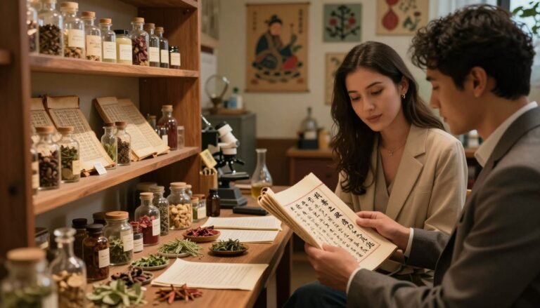 A cozy, intimate setting inside a softly lit laboratory with romantic undertones, featuring delicate glass vials and ancient texts on aphrodisiacs displayed on wooden shelves. In the foreground, a diverse professional couple, dressed in business attire, examines an open scroll inscribed with elegant Chinese calligraphy about the science of aphrodisiacs. In the middle, a furnished wooden table is cluttered with herbs, small jars, and research notes, highlighting the cultural significance and application of these substances. The background shows various cultural artifacts, such as Chinese art and symbols representing love and connection. The warm lighting creates a cinematic atmosphere, inviting curiosity and warmth, with a 4:3 aspect ratio to focus on the scholarly and romantic elements.