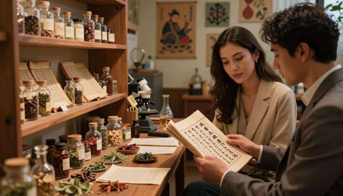 A cozy, intimate setting inside a softly lit laboratory with romantic undertones, featuring delicate glass vials and ancient texts on aphrodisiacs displayed on wooden shelves. In the foreground, a diverse professional couple, dressed in business attire, examines an open scroll inscribed with elegant Chinese calligraphy about the science of aphrodisiacs. In the middle, a furnished wooden table is cluttered with herbs, small jars, and research notes, highlighting the cultural significance and application of these substances. The background shows various cultural artifacts, such as Chinese art and symbols representing love and connection. The warm lighting creates a cinematic atmosphere, inviting curiosity and warmth, with a 4:3 aspect ratio to focus on the scholarly and romantic elements.