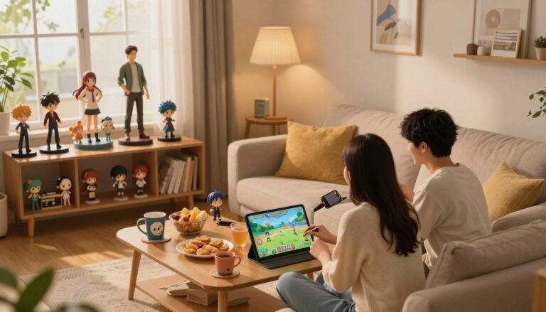 A cozy living room featuring a creative setup where anime figurines are playfully integrated into various daily activities. In the foreground, a couple sits on a comfortable couch, enjoying a fun game night surrounded by a collection of vibrant anime characters displayed on a shelf. Soft, warm lighting fills the room, creating an inviting atmosphere. The middle ground includes a coffee table with snacks and drinks, with a few whimsical anime-themed items like cups and coasters. In the background, a window reveals a sunny day, enhancing the lively and cheerful mood of the space. The overall composition emphasizes a blend of romance and playful creativity, captured with a cinematic lens at a 4:3 aspect ratio.