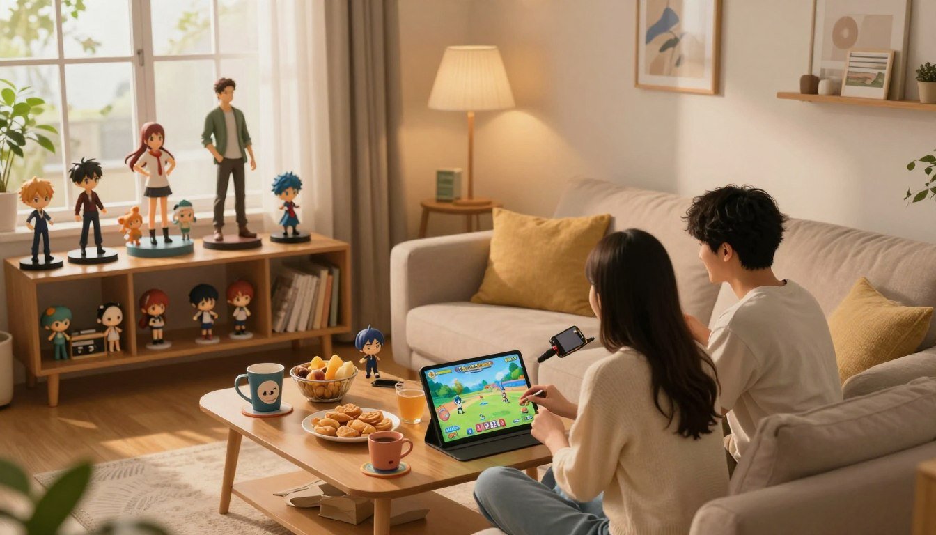A cozy living room featuring a creative setup where anime figurines are playfully integrated into various daily activities. In the foreground, a couple sits on a comfortable couch, enjoying a fun game night surrounded by a collection of vibrant anime characters displayed on a shelf. Soft, warm lighting fills the room, creating an inviting atmosphere. The middle ground includes a coffee table with snacks and drinks, with a few whimsical anime-themed items like cups and coasters. In the background, a window reveals a sunny day, enhancing the lively and cheerful mood of the space. The overall composition emphasizes a blend of romance and playful creativity, captured with a cinematic lens at a 4:3 aspect ratio.
