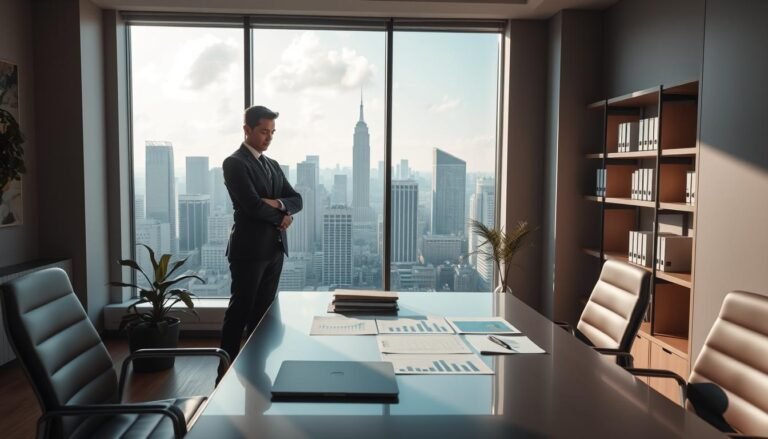 A serene and professional office environment showcasing the core values of auditing services. In the foreground, a well-dressed business professional stands confidently, reviewing financial documents and charts on a sleek modern desk. The middle ground features a large window offering a view of a bustling city skyline, symbolizing financial growth and opportunity. Soft, natural lighting filters through the window, casting gentle shadows and creating an inviting atmosphere. In the background, shelves hold books on finance and auditing, emphasizing knowledge and integrity. The overall mood is one of professionalism, trust, and clarity, suitable for illustrating the values of OneStart's auditing services.