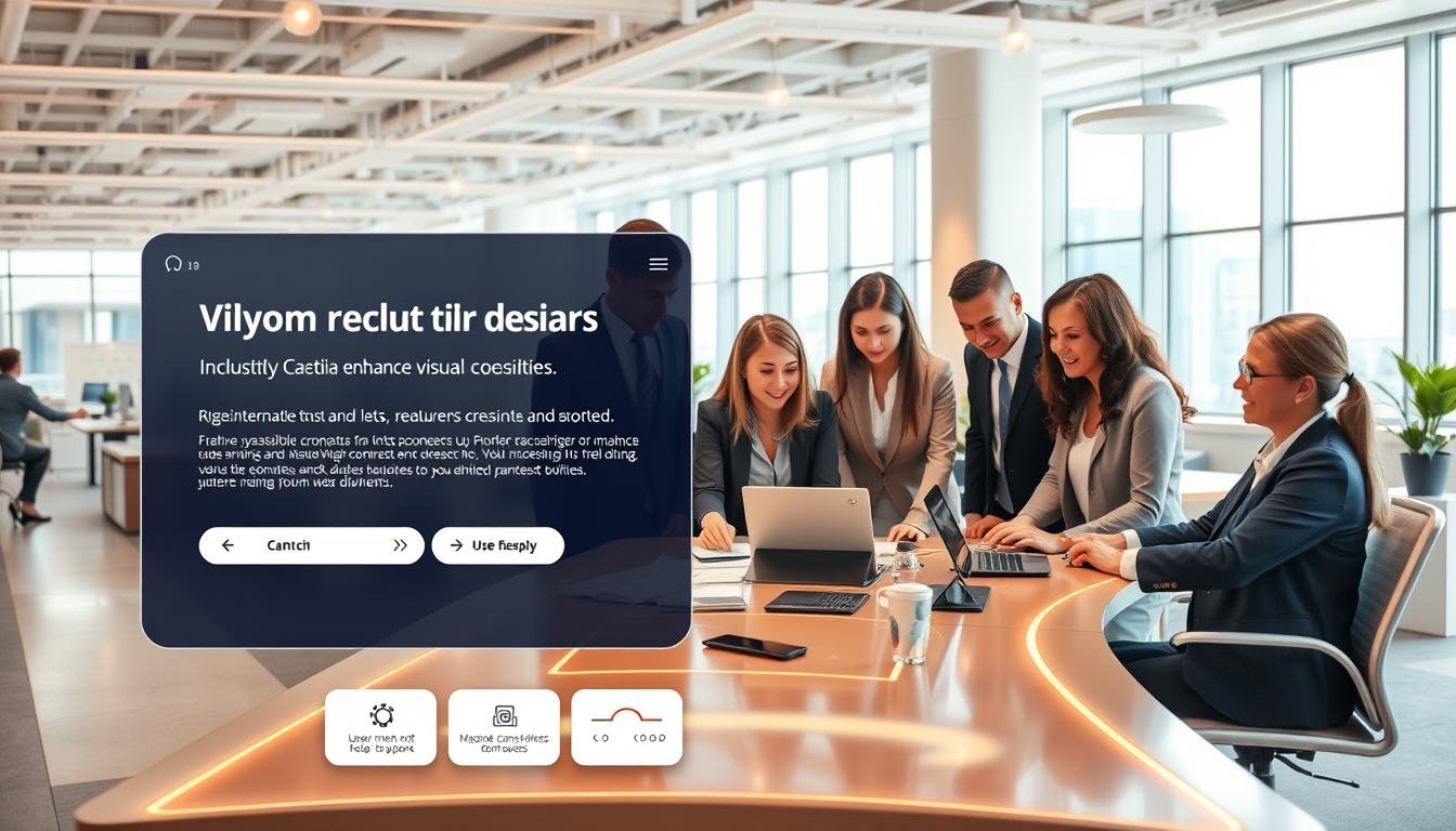 A futuristic and accessible web design layout for "UG Entertainment City," showcasing features that enhance visual accessibility. In the foreground, a user-friendly interface displays large, adjustable font options alongside clear visual controls, designed for diverse users. The middle ground features a team of ethnically diverse professionals in smart business attire, collaborating on the design around a table filled with digital devices. In the background, a bright, open office space with large windows floods in natural light, creating a welcoming atmosphere. Soft, warm lighting highlights the interactive elements of the webpage, reflecting a modern, inclusive design philosophy. The mood is optimistic and innovative, emphasizing the company’s commitment to accessibility.