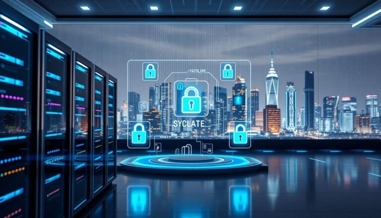 A futuristic cybersecurity architecture of "3A Entertainment," showcasing a layered defense system against data breaches. The foreground features sleek servers emitting soft blue lights, symbolizing secure data storage and encryption. In the middle, transparent holographic displays illustrate advanced security protocols, with digital locks and firewalls represented in vibrant colors. The background depicts an abstract city skyline with a digital matrix overlay, emphasizing the connection between technology and urban life. The scene is illuminated with high-tech lighting, casting soft glows on the structures, creating a sense of safety and innovation. The atmosphere is serious yet optimistic, reflecting the commitment to protecting personal data for Taiwanese players through cutting-edge technology.