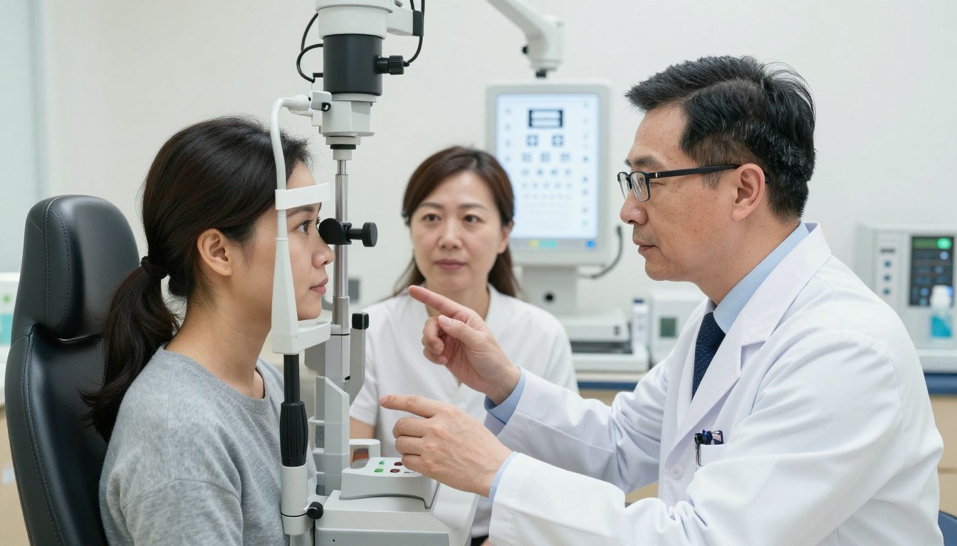 A professional ophthalmologist in a modern clinic in Hong Kong, specifically at the Hong Kong Eye Centre, attentively examining a patient's eye with advanced diagnostic equipment. The foreground features the doctor, a middle-aged Asian male wearing a white coat and glasses, demonstrating a focused and caring demeanor. In the middle ground, a patient, a middle-aged Asian female, is seated in an examination chair, looking calm and engaged as the doctor explains the procedure. The background showcases a well-designed, bright clinic environment with high-tech instruments and eye charts, illuminated by soft, natural lighting. The overall atmosphere conveys professionalism and trust, highlighting the critical role of ophthalmologists in eye health management.