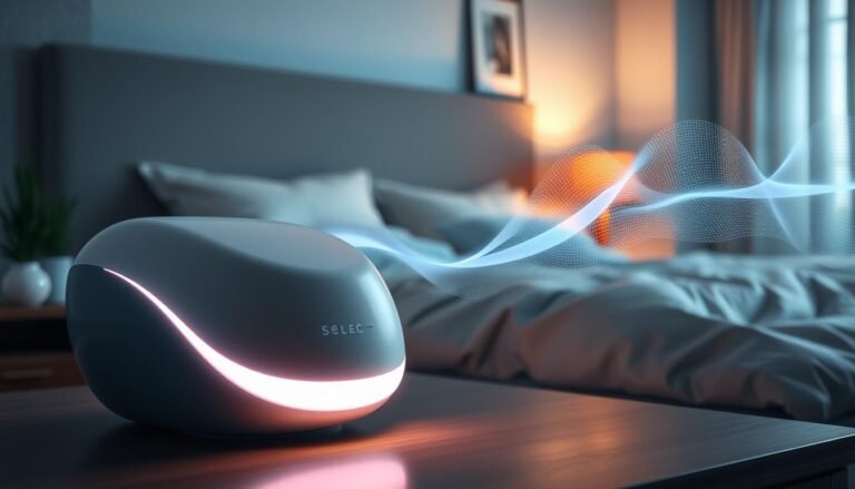 A sleek, futuristic sleep apnea machine elegantly designed, showcasing advanced silent technology. In the foreground, a high-tech device with a smooth, modern finish emitting a gentle, soft light, indicating its functionality. In the middle ground, subtle sound waves are visualized, illustrating noise reduction technology in action, harmonizing with tranquil dream-like elements. The background features a dimly lit bedroom, exuding a calming atmosphere, with soft pillows and artistic wall decor, enhancing the sense of serenity. The overall mood is peaceful and high-tech, capturing the essence of a restful night. The image is shot from a slightly elevated angle, using soft focus to emphasize the machine while maintaining a serene bedroom setting.