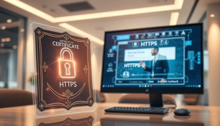 A digital illustration of the "3A Entertainment City's web security certificate (HTTPS)". In the foreground, display a detailed and sleek certificate graphic with holographic features, symbols of security like a lock, and a glowing HTTPS emblem. In the middle, include a close-up view of a computer screen displaying the certificate verification process, with a professional user in smart business attire engaging with the interface. The background should showcase a modern, high-tech office environment with soft, ambient lighting that conveys a sense of security and professionalism. Use a shallow depth of field to focus on the certificate and the user, creating a calm and trustworthy atmosphere. The overall mood should be reassuring, emphasizing digital safety and legitimacy.