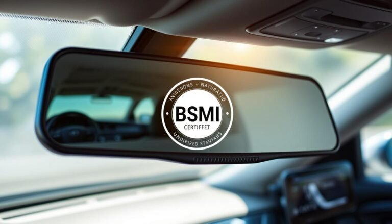 A modern electronic rearview mirror prominently displayed in the foreground, featuring a sleek design and integrated technology. The mirror reflects a clear view of a vehicle's interior and dashboard, emphasizing safety features. In the middle ground, an abstract representation of BSMI certification graphics, such as a small emblem or symbol, is subtly incorporated to indicate compliance with standards. The background shows a car interior with a soft focus, highlighting a GPS navigation system that is undisturbed by interference. Ambient lighting creates a professional atmosphere, with natural light illuminating the mirror and enhancing the sleek, high-tech feel. The overall mood is one of security and innovation, showcasing the importance of certified products in ensuring vehicle safety.