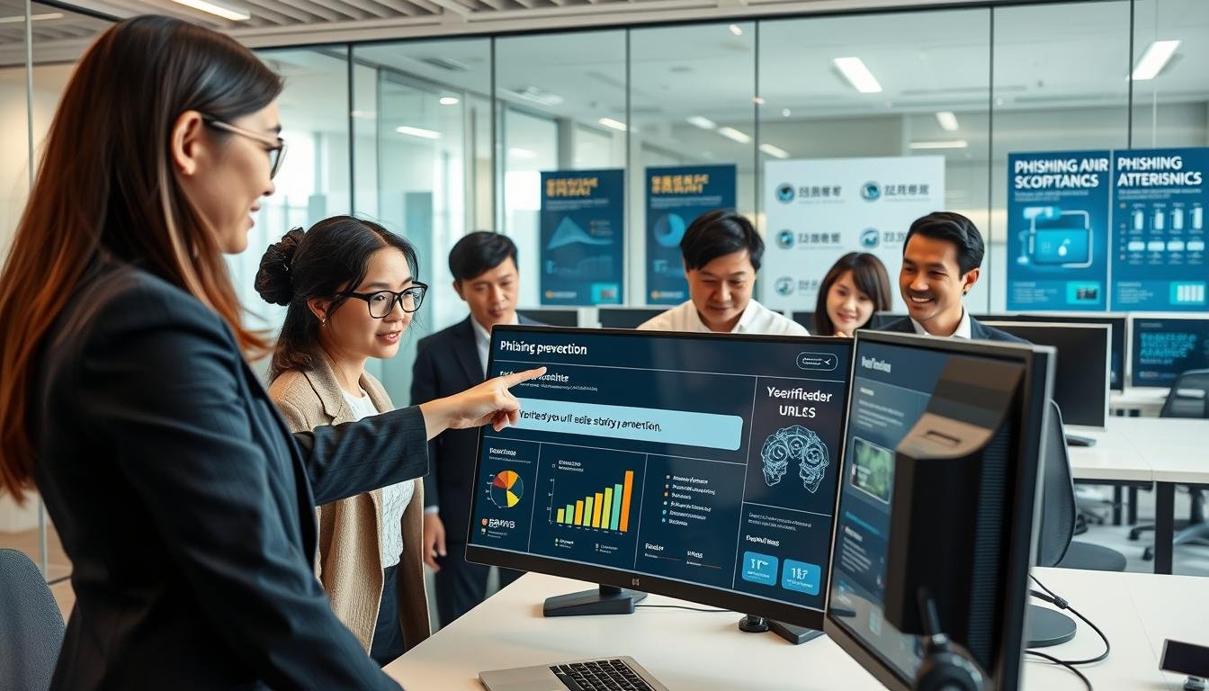 A modern office setting in Taiwan, where a focused team of diverse professionals collaboratively examines a computer screen displaying a digital dashboard for phishing prevention. In the foreground, a woman in professional business attire points at the screen, highlighting a verified URL. In the middle ground, colleagues discuss strategies, surrounded by digital charts and data analytics related to cybersecurity. The background features a high-tech office with glass walls, computer workstations, and posters advocating cybersecurity awareness. Soft, natural lighting enhances the atmosphere, creating a serious yet optimistic environment. The overall mood conveys teamwork and commitment to combating phishing scams effectively.