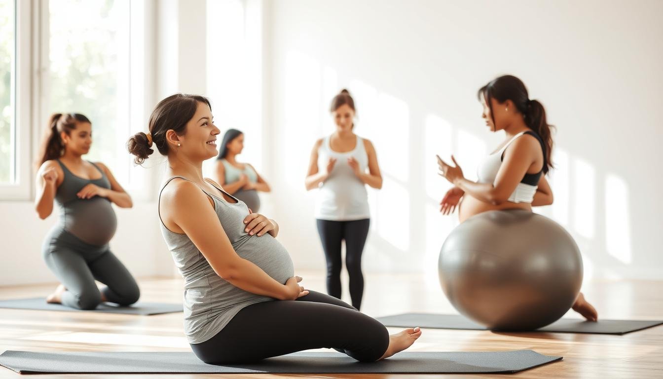 A serene indoor setting for postnatal recovery exercise, featuring a diverse group of new mothers engaged in gentle core-strengthening exercises. In the foreground, a smiling woman in modest activewear performs a pelvic tilt on an exercise mat, focusing on her breathing. Beside her, another mother is using a stability ball for support, showcasing teamwork and encouragement. In the middle area, a certified instructor, dressed in professional activewear, offers guidance, emphasizing proper form and technique. The background is bright and airy, with soft natural light streaming through large windows, creating a calming atmosphere with greenery visible outside. The overall mood is supportive and empowering, highlighting the importance of community and wellness in postnatal recovery.