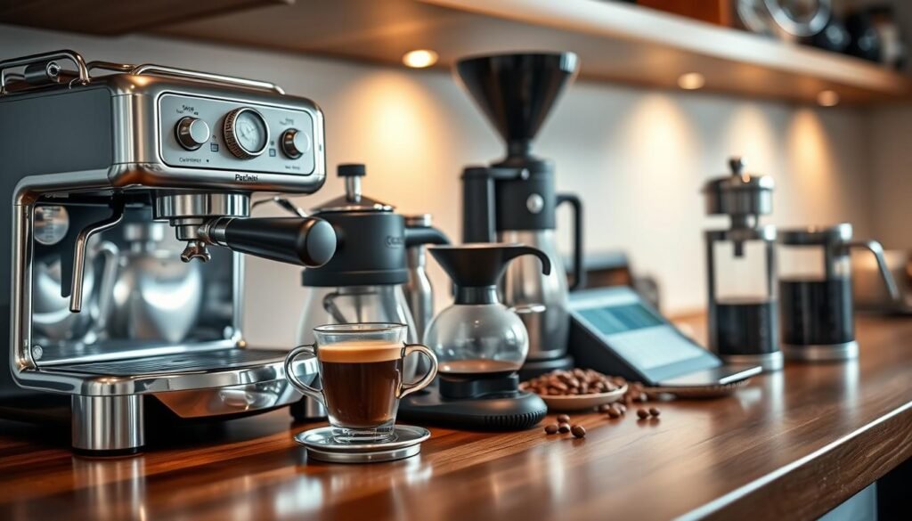 A beautifully arranged collection of professional coffee brewing tools on a polished wooden countertop. In the foreground, showcase a sleek espresso machine with gleaming chrome accents and a steaming cup of espresso beside it. The middle section features various tools such as a coffee grinder, a pour-over kettle, and a set of high-quality coffee scales, all artistically placed to highlight their functionality. In the background, soft ambient lighting illuminates a coffee bean jar and a French press, creating a warm, inviting atmosphere. The composition should convey a sense of sophistication and passion for coffee crafting, emphasizing the precision and quality of professional coffee equipment. Use a shallow depth of field to focus on the tools while gently blurring the background, enhancing the mood of concentration and excellence in brewing. A beautifully arranged collection of professional coffee brewing tools on a polished wooden countertop. In the foreground, showcase a sleek espresso machine with gleaming chrome accents and a steaming cup of espresso beside it. The middle section features various tools such as a coffee grinder, a pour-over kettle, and a set of high-quality coffee scales, all artistically placed to highlight their functionality. In the background, soft ambient lighting illuminates a coffee bean jar and a French press, creating a warm, inviting atmosphere. The composition should convey a sense of sophistication and passion for coffee crafting, emphasizing the precision and quality of professional coffee equipment. Use a shallow depth of field to focus on the tools while gently blurring the background, enhancing the mood of concentration and excellence in brewing.