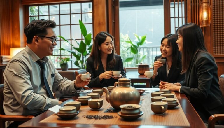 A cozy scene set in a tea house in Taichung, illustrating the art of conversation around scheduling tea appointments. In the foreground, a diverse group of three individuals, one male and two females, are engaged in a warm conversation while sipping tea. They are dressed in professional business attire, exuding friendliness and trust. The middle ground features a beautifully arranged tea table with an array of traditional Taiwanese tea sets and delicate tea leaves. In the background, soft warm lighting casts a gentle glow, highlighting the wooden decor typical of tea houses, with lush green plants peeking through the windows. The atmosphere is intimate and inviting, evoking a sense of calm and connection, framed in a cinematic 4:3 aspect ratio.