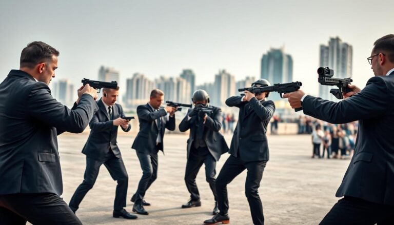 A highly trained security team is engaged in a tactical defense training session in a large, outdoor training ground. In the foreground, three professional bodyguards, dressed in sleek black suits with earpieces, practice close-quarter combat techniques, focusing intently on their movements. In the middle ground, a fourth bodyguard is demonstrating emergency response strategies while using training equipment. The background features a blurred view of an urban environment with high-rise buildings and an audience watching the training, emphasizing the need for coordination in crowd management. Soft, natural lighting enhances the scene, creating a sense of urgency and professionalism. The overall atmosphere is intense and focused, reflecting the seriousness of personal security training.