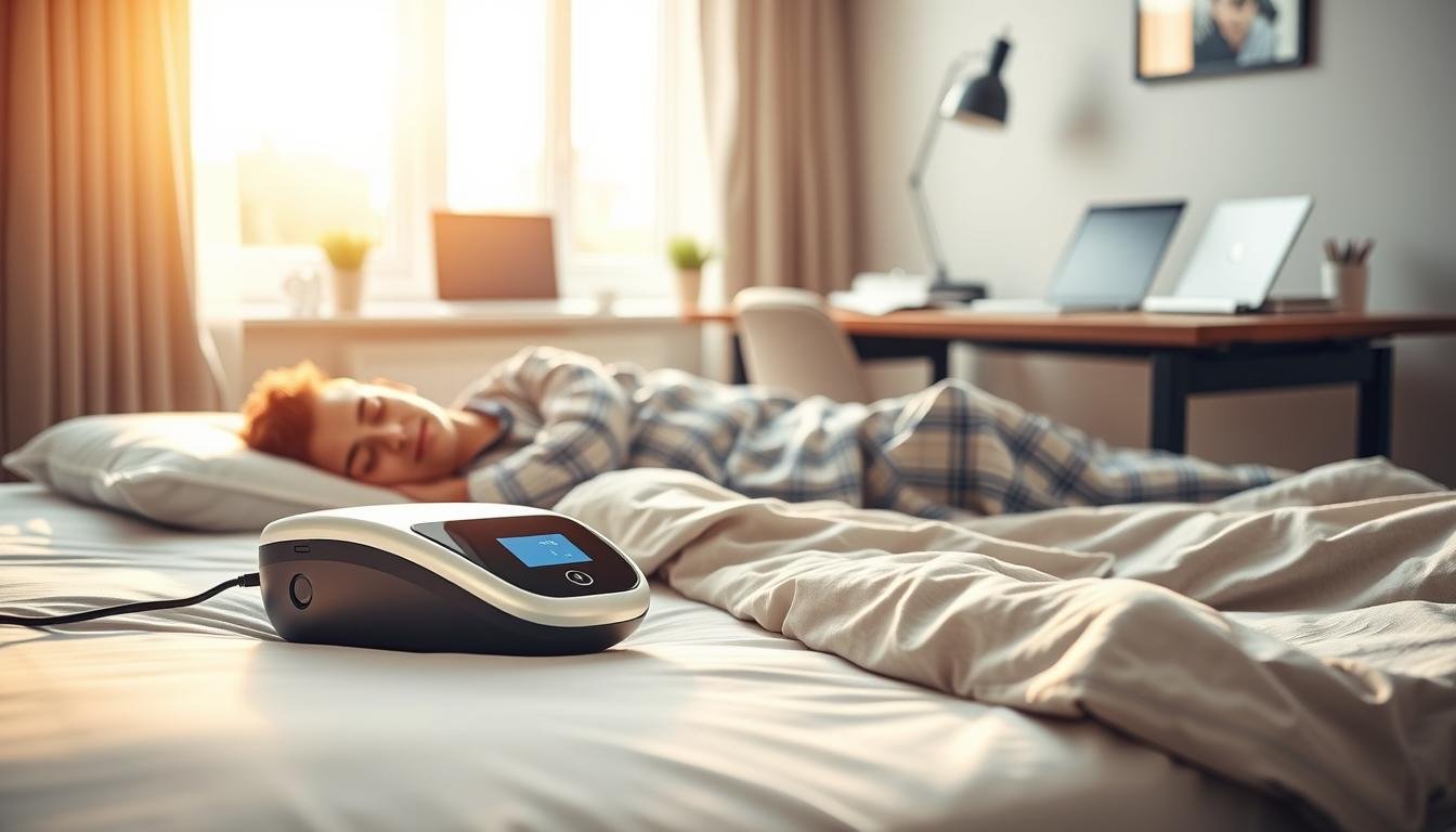 A serene home office scene emphasizing the benefits of a sleep apnea machine on daytime productivity. In the foreground, a sleek, modern sleep apnea device sits beside a peaceful sleeping individual on a neatly made bed, wearing comfortable sleep attire. In the middle ground, a well-organized desk holds a laptop and some work documents, conveying an atmosphere of focus and clarity. The background features a bright window allowing warm sunlight to beam in, illuminating the room and creating a calm and inviting ambiance. The overall mood is tranquil yet professional, suggesting the positive impact of a good night's sleep on work efficiency. Use soft, natural lighting to enhance the comforting atmosphere.
