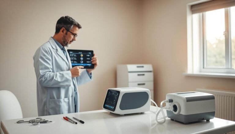 A focused and detailed scene depicting a medical professional conducting a performance check on a sleep apnea machine in a well-lit examination room. In the foreground, a physician in a white lab coat examines the machine's settings on a digital display, showcasing modern technology and precision. The middle ground features a neatly arranged assortment of medical tools and the sleep apnea device prominently displayed on a clean table. The background consists of calming pastel-colored walls and a window allowing natural light to filter through, creating a serene atmosphere. The overall mood conveys professionalism and the importance of regular maintenance, emphasizing the meticulous care involved in evaluating the machine's functionality. The lighting is bright yet soft, enhancing the clarity of the scene, while maintaining a reassuring ambiance.