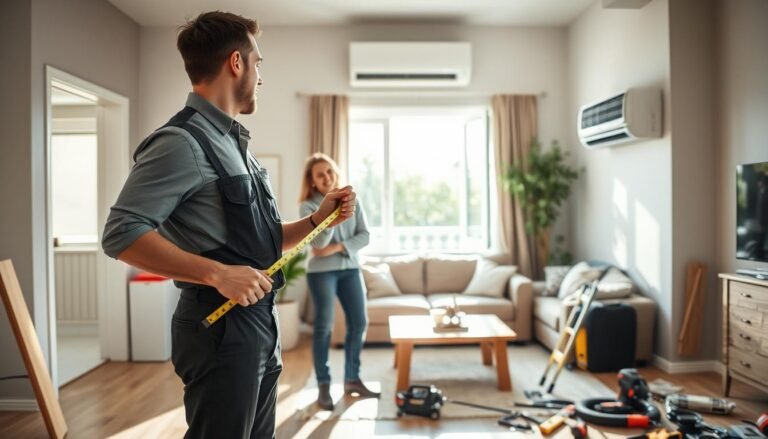 A professional technician inspecting the installation site for a split-type air conditioner in a modern living room. In the foreground, the technician, dressed in a neat uniform, is holding a measuring tape and discussing with a homeowner. In the middle ground, an open window reveals a bright day outside, and the room is furnished with a comfortable sofa and a simple table, enhancing the homey atmosphere. In the background, various tools and equipment related to air conditioning installation are neatly arranged. The lighting is natural, streaming through the window, creating a warm and inviting mood. The image captures a sense of professionalism, collaboration, and the importance of planning in the installation process.
