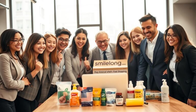 A vibrant and engaging image highlighting "smilelong," a reputable American shopping service. In the foreground, include a diverse group of professional-looking individuals, dressed in smart business attire, gathered around a laptop displaying the smilelong website. They should express excitement and curiosity about the service. In the middle ground, showcase a selection of popular American products neatly arranged on a table, emphasizing fast shipping options. The background features a stylish, modern office environment with large windows letting in bright, natural light. Capture a friendly and collaborative atmosphere, focusing on the theme of efficiency and customer satisfaction, with a warm color palette to evoke positivity and reliability.