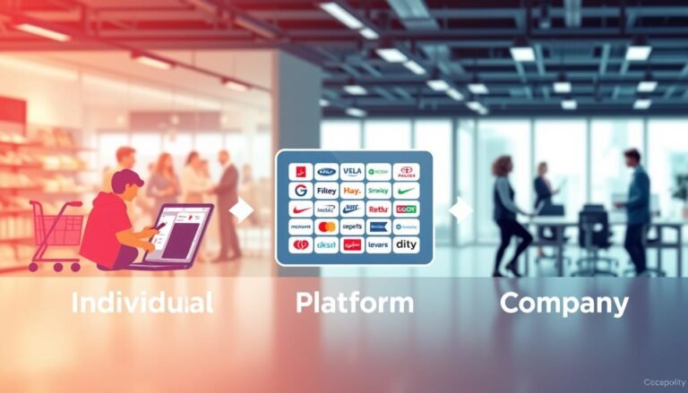 A visually engaging infographic depicting the three types of American purchasing agents: Individual, Platform, and Company. In the foreground, showcase a stylized representation of a person shopping online, symbolizing Individual purchasing, with a laptop and a diverse array of sports brands. In the middle, illustrate a digital platform with a grid layout of various brand logos, symbolizing Platform-based purchasing. In the background, feature a sleek corporate office environment representing Company purchasing agents, with professionals interacting and discussing. Use bright, inviting colors and a balanced composition to create a dynamic yet informative atmosphere. The lighting should be soft and warm, suggesting an inviting, friendly environment, while maintaining a clear focus on each type of purchasing method.