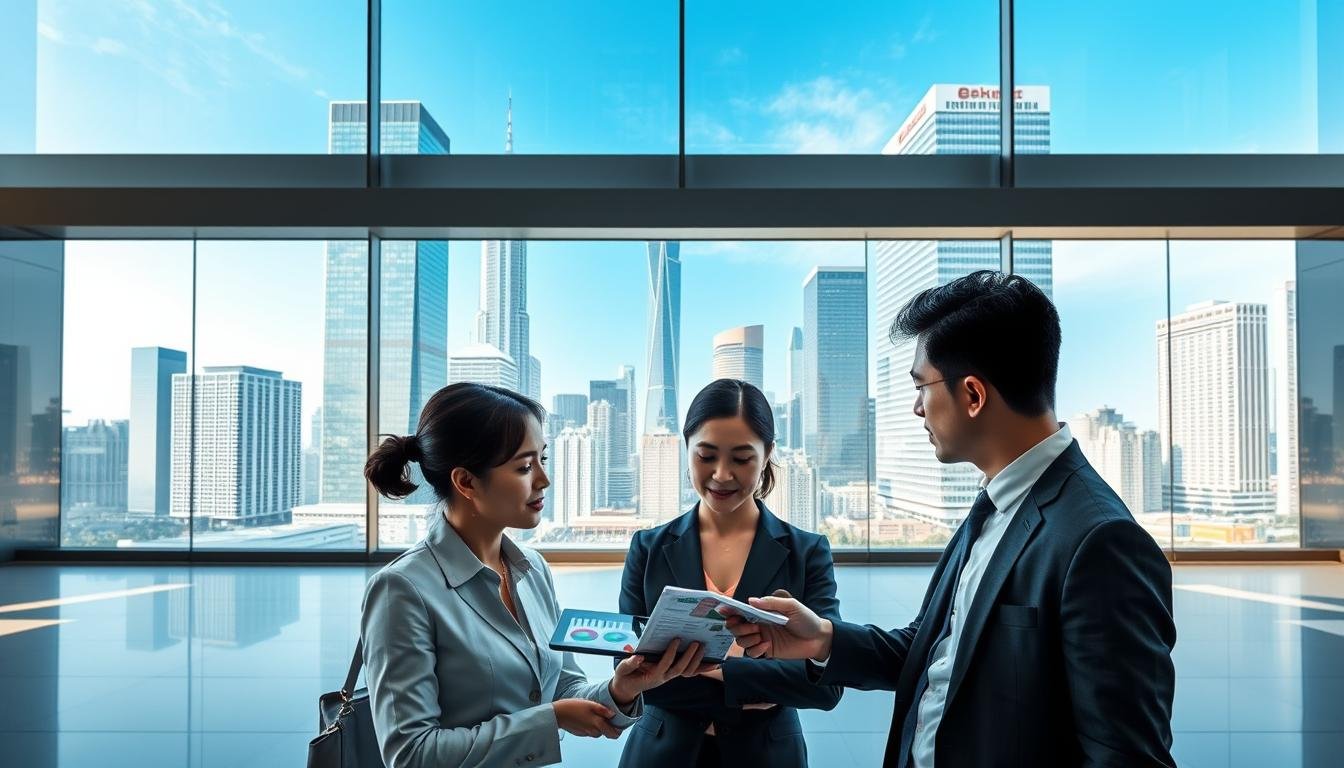 A sleek modern office environment that showcases a vibrant comparison between two key commercial districts in Kowloon: Tsim Sha Tsui and East Kowloon. In the foreground, depict a group of professionals in business attire engaged in a discussion, analyzing charts and data on a digital tablet. In the middle ground, illustrate a split view of both districts, with iconic skyscrapers of Tsim Sha Tsui on one side and the emerging skyline of East Kowloon on the other. Use bright, natural lighting to create a dynamic atmosphere, with reflections from glass buildings adding depth. The background features a clear blue sky, symbolizing opportunity and growth, enhancing the focus on the decision-making process for businesses considering rental locations.