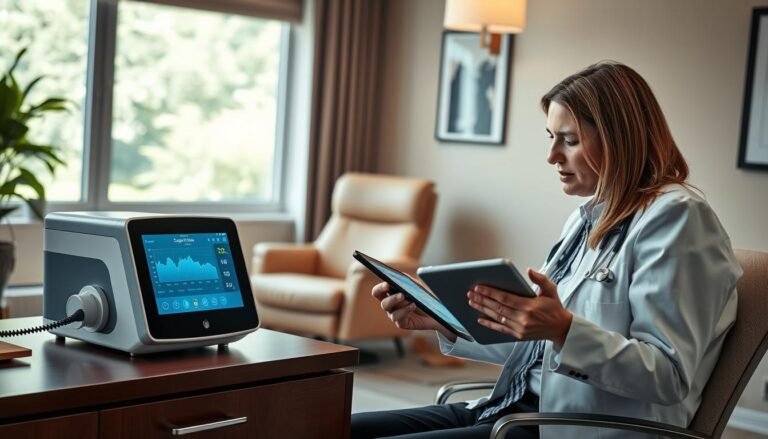 A cozy, well-lit doctor's office with a focus on a modern sleep apnea machine prominently placed on a sleek desk. In the foreground, a healthcare professional in smart business attire is examining a patient's sleep data displayed on a tablet, with a concerned but attentive expression. In the middle ground, a comfortable recliner is positioned adjacent to the desk, suggesting a patient-friendly environment. The background features a large window with soft, natural light filtering in, revealing calming greenery outside. The overall mood should be reassuring and professional, emphasizing the importance of monitoring and follow-up for patients using sleep apnea devices.