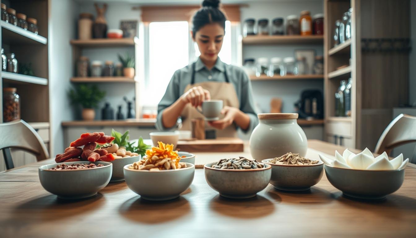 A serene and harmonious kitchen scene highlighting Traditional Chinese Medicine (TCM) for treating rosacea. In the foreground, a wooden dining table is adorned with various TCM ingredients like goji berries, chrysanthemum flowers, and lotus seeds, elegantly arranged in small ceramic bowls. The middle ground features a practitioner in modest casual clothing, preparing a herbal tea, showcasing a focused yet peaceful demeanor. The background reveals shelves filled with jars of herbs, a soft sunlight filtering through a window, creating a warm and inviting atmosphere. The image should have a soft focus, highlighting the natural textures of the ingredients while evoking a sense of holistic healing and tranquility.