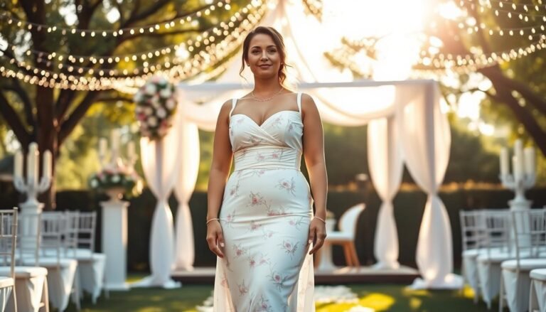 A stylish plus-size woman stands confidently at an outdoor wedding venue, showcasing elegant wedding attire that flatters her figure while avoiding bulkiness. She wears a tastefully tailored dress with a fitted bodice, flowing skirt, and light, breathable fabric, enhanced by soft pastel colors and delicate floral patterns. The background features a beautifully decorated wedding altar under a canopy of soft fairy lights, creating a warm and inviting atmosphere. Gentle sunlight filters through the trees, casting a soft glow on her. The scene conveys a sense of celebration and elegance, emphasizing comfort and style for attendees. Capture the moment from a mid-range angle to highlight both her outfit and the enchanting surroundings, ensuring a vibrant yet soothing palette that resonates with wedding joy.