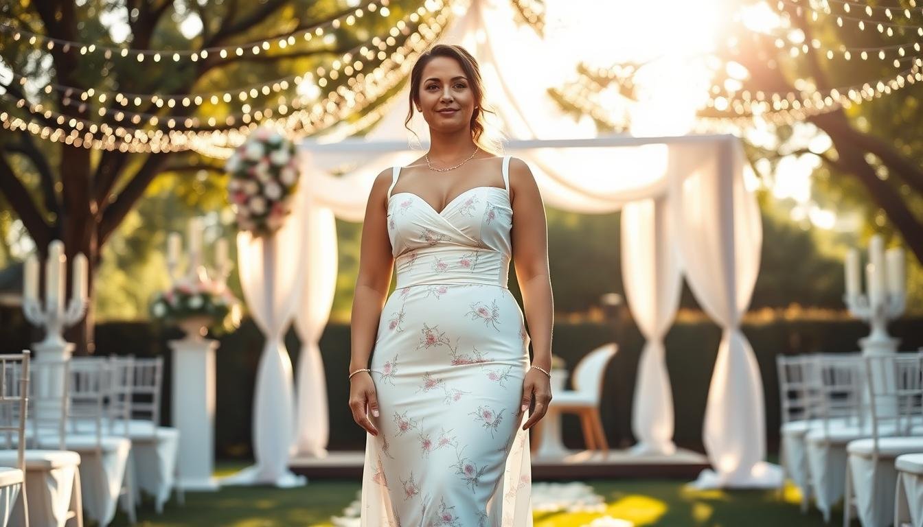 A stylish plus-size woman stands confidently at an outdoor wedding venue, showcasing elegant wedding attire that flatters her figure while avoiding bulkiness. She wears a tastefully tailored dress with a fitted bodice, flowing skirt, and light, breathable fabric, enhanced by soft pastel colors and delicate floral patterns. The background features a beautifully decorated wedding altar under a canopy of soft fairy lights, creating a warm and inviting atmosphere. Gentle sunlight filters through the trees, casting a soft glow on her. The scene conveys a sense of celebration and elegance, emphasizing comfort and style for attendees. Capture the moment from a mid-range angle to highlight both her outfit and the enchanting surroundings, ensuring a vibrant yet soothing palette that resonates with wedding joy.